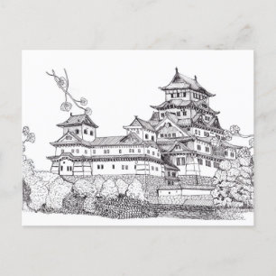 Cartão Postal Ósaka Castle Japão - Ilustração Branca Negra