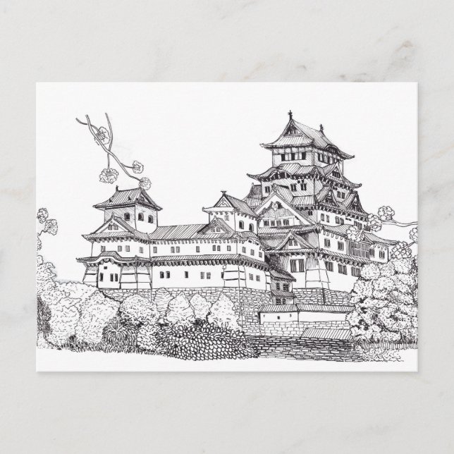 Cartão Postal Ósaka Castle Japão - Ilustração Branca Negra (Frente)