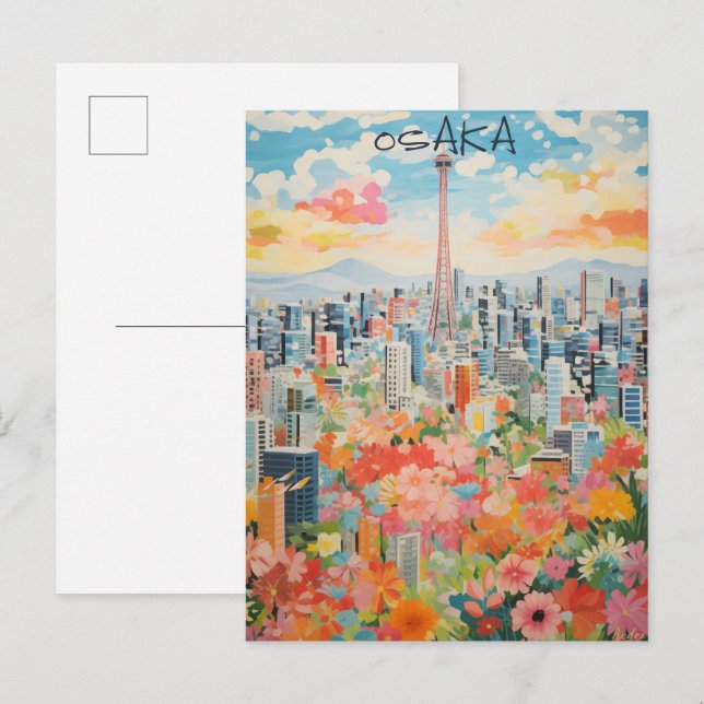 Cartão Postal Osaka Japan Travel City Painting Aesthetic (Frente/Verso)