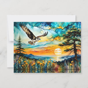 Cartão Postal Osprey em voo sobre flores silvestres no Sunset