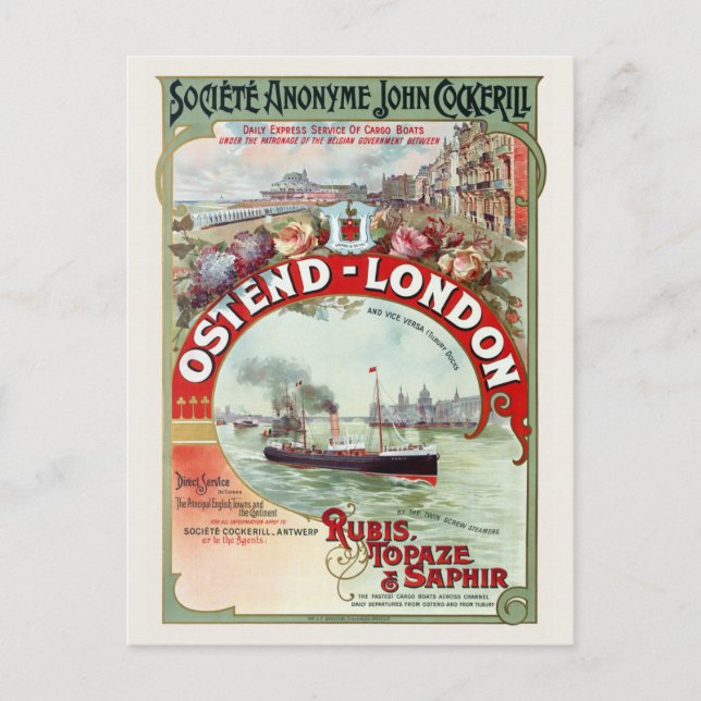Cartão Postal Ostend - London Belgium Poster vintage 1900 (Frente)