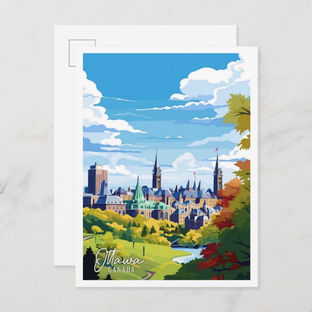 Cartão Postal Ottawa Canada Vintage art viagem ilustração (Frente/Verso)