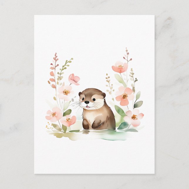 Cartão Postal Otter Adorável Com Flores (Frente)