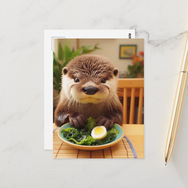 Cartão Postal Otter Adorável com uma Salada (Frente/Verso In Situ)