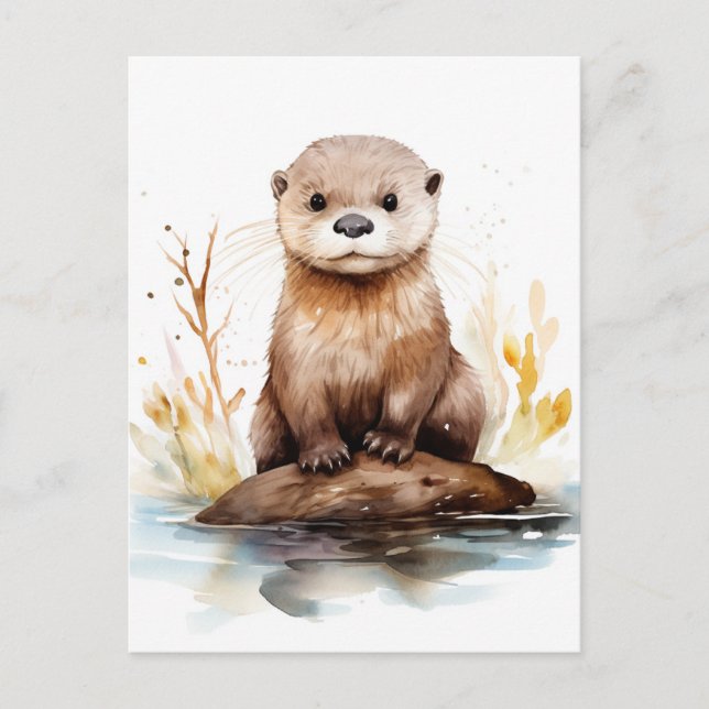 Cartão Postal Otter Aquarela Adorável (Frente)