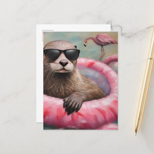 Cartão Postal Otter em uma flutuação rosa