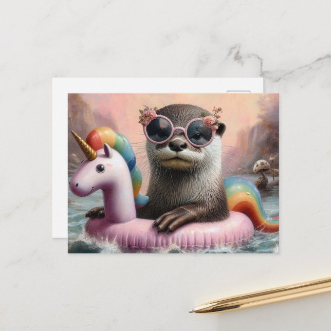 Cartão Postal Otter em uma Inundação de Unicórnio rosa (Frente/Verso In Situ)