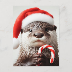 Cartão Postal Otter Santa Hat Adorable Candy Cane