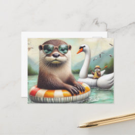 Cartão Postal Otters em uma viagem flutuante