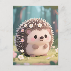 Cartão Postal ouriço Adorável com Flores Floresta Kawaii