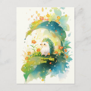 Cartão Postal ouriço Branco e Azul-Celeste no Jardim de Verão