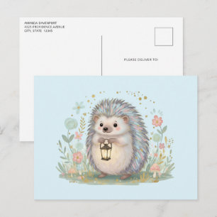 Cartão Postal ouriço fofo com lanterna