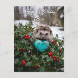 Cartão Postal ouriço fofo de dezembro com coração turquesa