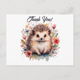 Cartão Postal ouriço fofo em flores de aquarela Obrigado