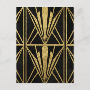 Cartão Postal Ouro Art Deco Padrão de Leque Geométrico Preto