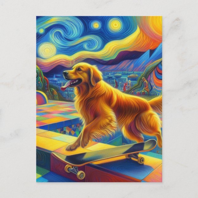 Cartão Postal Ouro Colorido Retriever Skateboard Van Gogh (Frente)