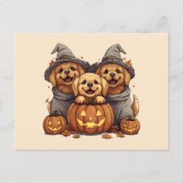 Cartão Postal Ouro de Halloween Cães de Retriever Jack O Lantern