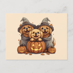 Cartão Postal Ouro de Halloween Cães de Retriever Jack O Lantern