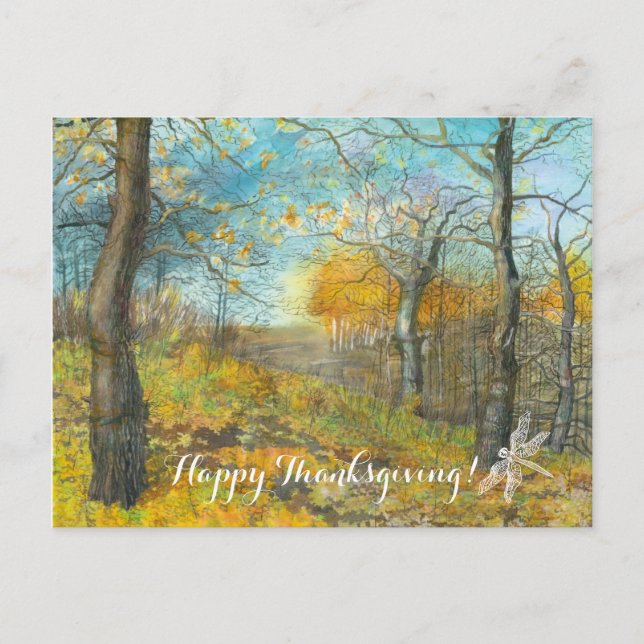 Cartão Postal Ouro de outono numa aquarela de pintura de carvalh (Frente)