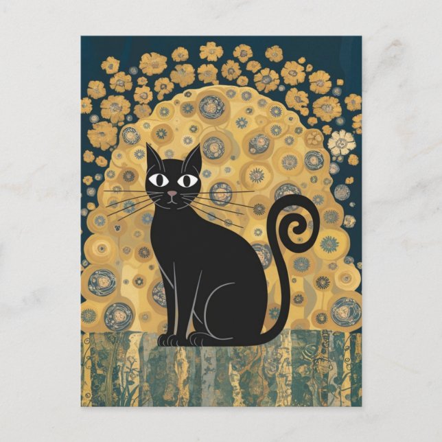 Cartão Postal Ouro Decorativo Gustav Klimt Estilo preto de Gato (Frente)
