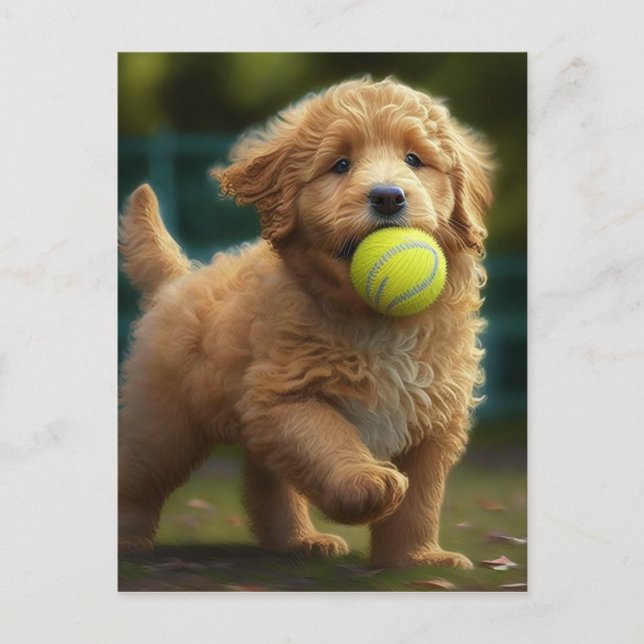 Cartão Postal Ouro Doodle Puppy Plays Ball (Frente)