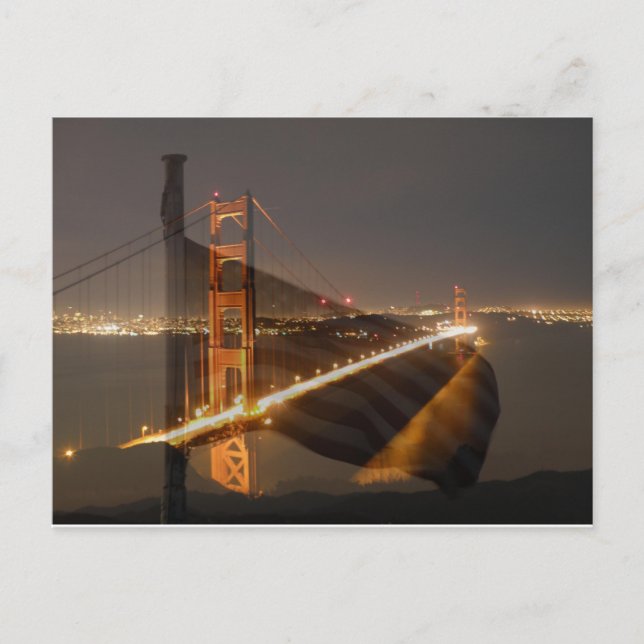 Cartão Postal Ouro Gate Bridge & USA Flag (Frente)