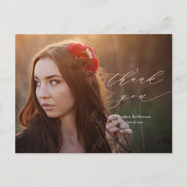 Cartão Postal Ouro Rosa Script Foto Graduação Agradecimento (Frente)