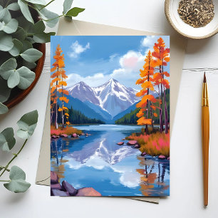 Cartão Postal Outono do Lago Tahoe Pintura de Montanha de Folh