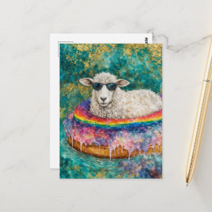 Cartão Postal Ovelha Adorável em uma Viagem de Flutuação