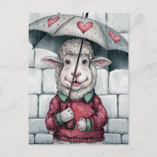 Cartão Postal Ovelha Fofa Com Guarda-Chuva