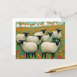 Cartão Postal Ovelha no Campo Pequenas Casas em Fileira