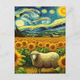 Cartão Postal Ovelha no Estilo Van Gogh do Campo de Girassol
