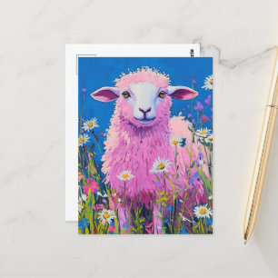 Cartão Postal Ovelha Rosa Adorável nas Flores