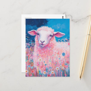 Cartão Postal Ovelha Rosa Adorável nas Flores
