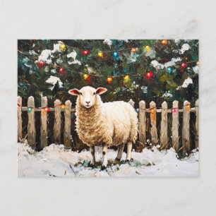 Cartão Postal Ovelhas em Cena de Neve de Férias