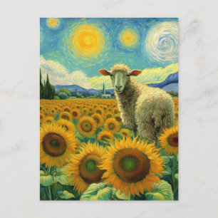 Cartão Postal Ovinos no Campo de Girassol Faux Van Gogh