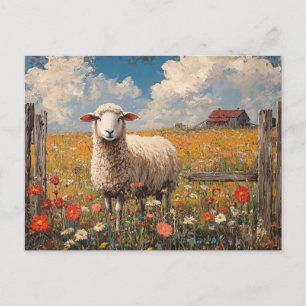 Cartão Postal Ovinos numa Fazenda russa do campo de flor selvage