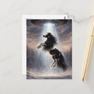 Cartão Postal OVNI levando um cavalo Gypsy Vanner Pinto malhado