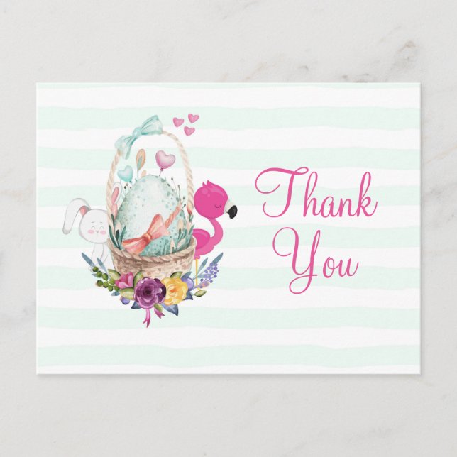 Cartão Postal Ovo de chá de fraldas com Obrigados Flamingo e Bun (Frente)