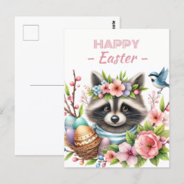 Cartão Postal Ovos de Páscoa Aquarela Guaxinim Flores de Cerejei