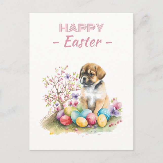 Cartão Postal Ovos de Páscoa Aquarelas Cachorros de Cereja (Frente)