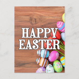 Cartão Postal Ovos de Páscoa e Flores de Tulipas Coloridos