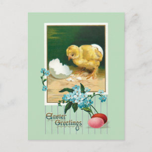 Cartão Postal Ovos de Páscoa, Pintinhos e Flores Vintage