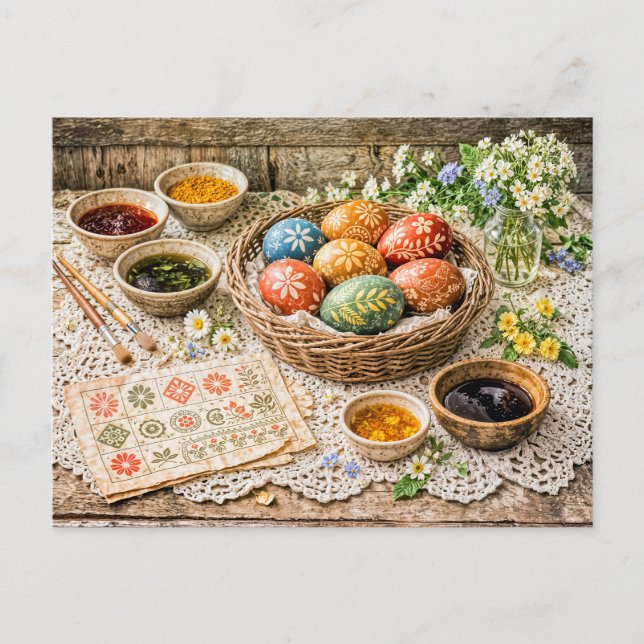 Cartão Postal Ovos de Páscoa Tradicionais Decorados com Tinta Na (Frente)
