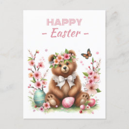 Cartão Postal Ovos de Páscoa Urso de Aquarelas Flores de Cereja