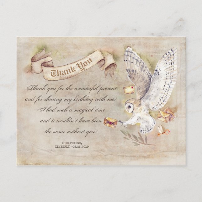 Cartão Postal Owl Birthday Magical Obrigado (Frente)