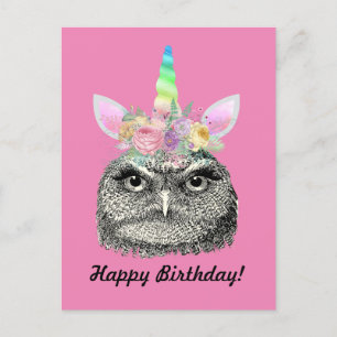 Cartão Postal Owl-I-Corn Vintage Unicorn Owl Happy Birthday Pink