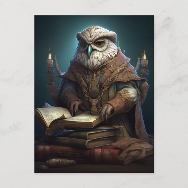 Cartão Postal Owl Librarian Fantasy Art (Frente)