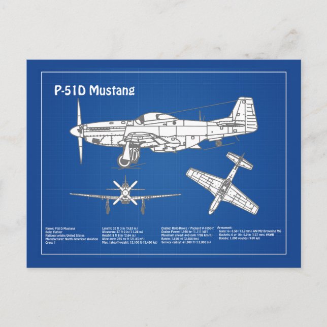 Cartão Postal P-51D Mustang - Airplane Blueprint ABD (Frente)