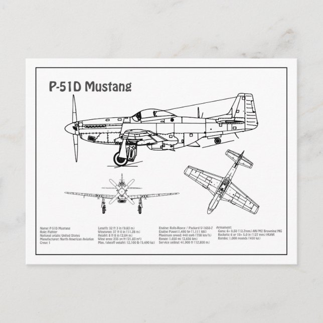 Cartão Postal P-51D Mustang - Airplane Blueprint BD (Frente)
